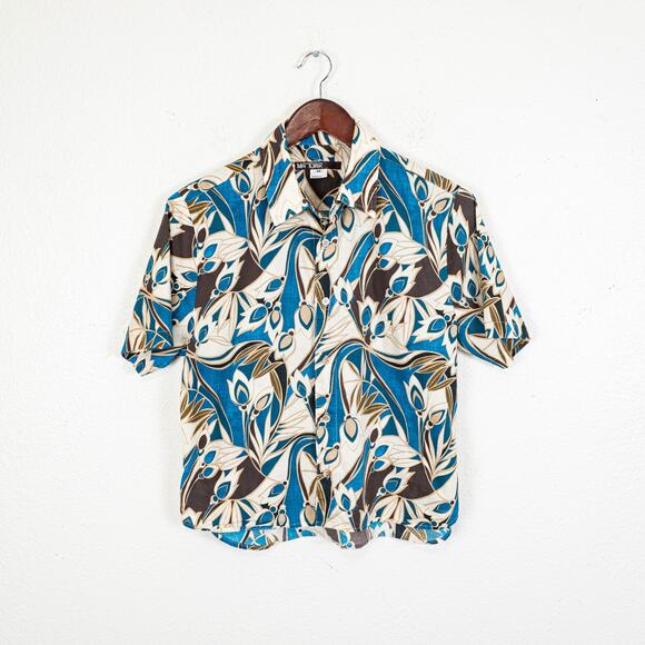 MR Turk Cropped Button up Shirt Abstract floral print blue brown M - Picture 2 of 7